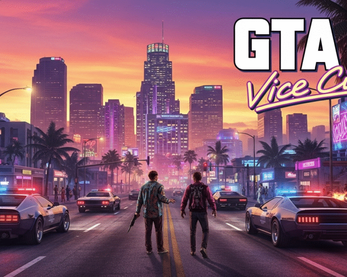 Crie uma imagem no formato 16:9 para uma thumbnail de blog. **Tema Principal:** GTA 6, focando no hype, lançamento e a nova Vice City. **Elementos Visuais:** 1. **Protagonistas em Destaque:** Lucía e Jason (os dois personagens principais do trailer de GTA 6) devem estar em primeiro plano, em uma pose dinâmica ou olhando para o espectador. Eles podem estar lado a lado, ou Lucía um pouco mais à frente. 2. **Cenário de Vice City:** Ao fundo, o horizonte vibrante de Vice City, com seus arranha-céus iluminados, palmeiras e talvez uma pitada de neon. Pode haver um carro esportivo clássico ou moderno de GTA passando rapidamente em um dos lados do quadro. 3. **Atmosfera:** A imagem deve exalar a energia e o caos controlados de Grand Theft Auto. Pode haver um leve efeito de pôr do sol ou anoitecer para realçar as luzes da cidade. 4. **Estilo:** Arte digital 2D ou 3D renderizada de alta qualidade, com um estilo que remeta à arte de capa oficial da Rockstar Games, com cores saturadas e detalhes ricos. **Texto Overlay (Visível e Chamativo):** 1. **Título Principal Clickbait:** No topo ou centro superior da imagem, em uma fonte robusta, impactante e com alto contraste (talvez neon rosa ou azul, ou branco com bordas escuras), o texto: "GTA 6: O LANÇAMENTO QUE VAI MUDAR TUDO!". 2. **Subtítulo Comercial:** Abaixo do título principal, em uma fonte menor, mas ainda legível e com bom contraste, o texto: "Data, Preço e ONDE COMPRAR!". **Considerações Adicionais:** * A imagem deve ser extremamente atraente e profissional, transmitindo a grandiosidade e o hype do jogo. * Os textos devem ser perfeitamente legíveis mesmo em tamanho reduzido (thumbnail). * Evitar elementos que pareçam genéricos; focar em detalhes reconhecíveis do trailer (como a estética de Vice City, os protagonistas). * A composição deve ser equilibrada para o formato 16:9, com o texto e os personagens bem distribuídos.