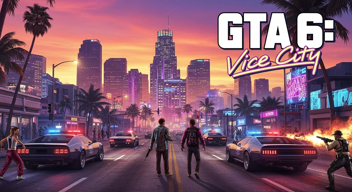 Crie uma imagem no formato 16:9 para uma thumbnail de blog. **Tema Principal:** GTA 6, focando no hype, lançamento e a nova Vice City. **Elementos Visuais:** 1. **Protagonistas em Destaque:** Lucía e Jason (os dois personagens principais do trailer de GTA 6) devem estar em primeiro plano, em uma pose dinâmica ou olhando para o espectador. Eles podem estar lado a lado, ou Lucía um pouco mais à frente. 2. **Cenário de Vice City:** Ao fundo, o horizonte vibrante de Vice City, com seus arranha-céus iluminados, palmeiras e talvez uma pitada de neon. Pode haver um carro esportivo clássico ou moderno de GTA passando rapidamente em um dos lados do quadro. 3. **Atmosfera:** A imagem deve exalar a energia e o caos controlados de Grand Theft Auto. Pode haver um leve efeito de pôr do sol ou anoitecer para realçar as luzes da cidade. 4. **Estilo:** Arte digital 2D ou 3D renderizada de alta qualidade, com um estilo que remeta à arte de capa oficial da Rockstar Games, com cores saturadas e detalhes ricos. **Texto Overlay (Visível e Chamativo):** 1. **Título Principal Clickbait:** No topo ou centro superior da imagem, em uma fonte robusta, impactante e com alto contraste (talvez neon rosa ou azul, ou branco com bordas escuras), o texto: "GTA 6: O LANÇAMENTO QUE VAI MUDAR TUDO!". 2. **Subtítulo Comercial:** Abaixo do título principal, em uma fonte menor, mas ainda legível e com bom contraste, o texto: "Data, Preço e ONDE COMPRAR!". **Considerações Adicionais:** * A imagem deve ser extremamente atraente e profissional, transmitindo a grandiosidade e o hype do jogo. * Os textos devem ser perfeitamente legíveis mesmo em tamanho reduzido (thumbnail). * Evitar elementos que pareçam genéricos; focar em detalhes reconhecíveis do trailer (como a estética de Vice City, os protagonistas). * A composição deve ser equilibrada para o formato 16:9, com o texto e os personagens bem distribuídos.